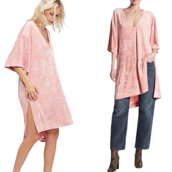 Free People City‎ Slicker Velvet Luxe Tunic Top Dress Pink Oversized Size S Boho - Picture 1 of 10